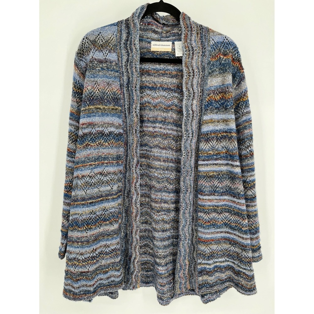 ALFRED DUNNER Cardigan Women 2X Blue Space Dye Crochet Open Front Long Sleeve